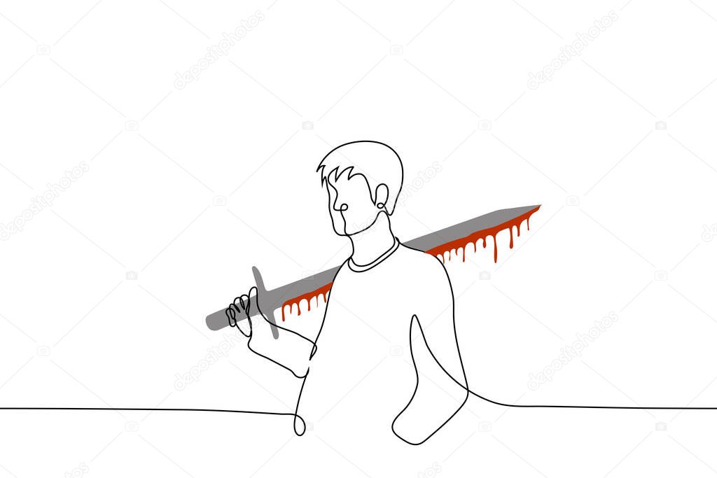 man stands with a bloodied sword on his shoulder - one line drawing vector. the concept of barbarism, murder