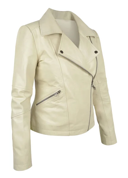 Veste Cuir Femme Couleur Beige Isolée Sur Fond Blanc Côté — Photo