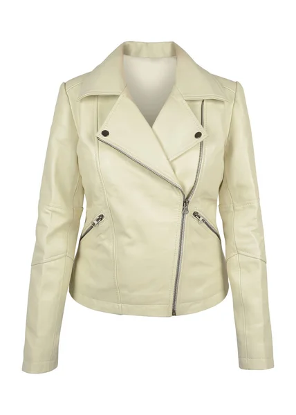 Female Leather Jacket Beige Color Isolated White Background Women Biker Stock Photo