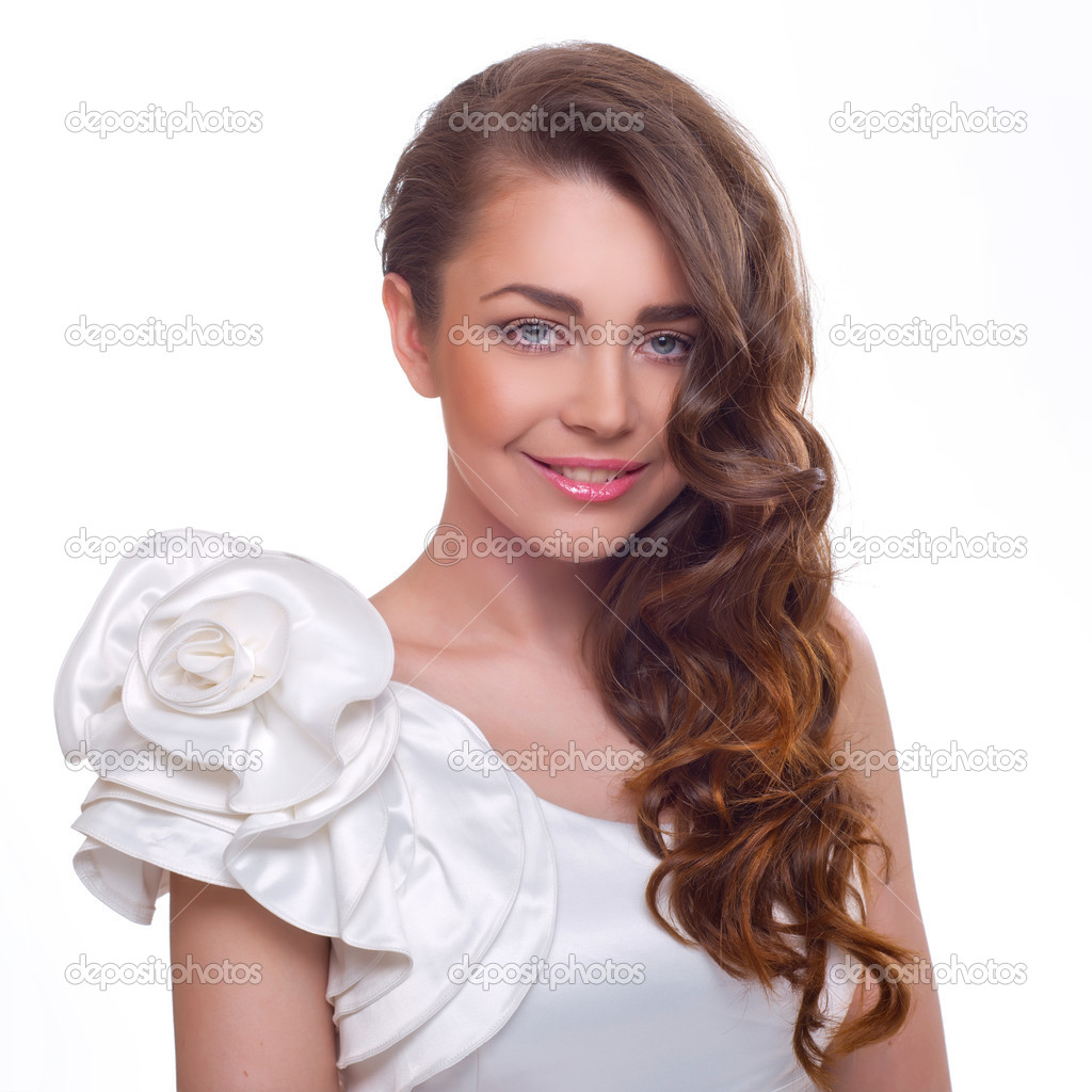 beautiful young smiling woman with long curly hair