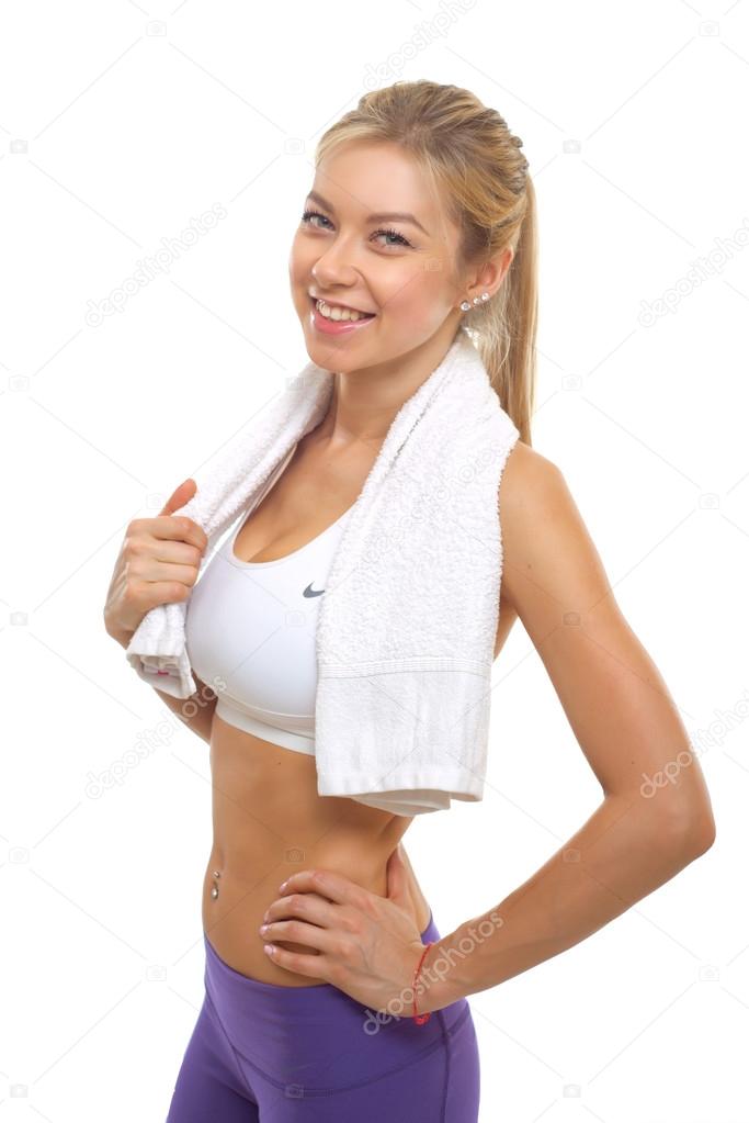 Fitness woman portrait isolated on white background.