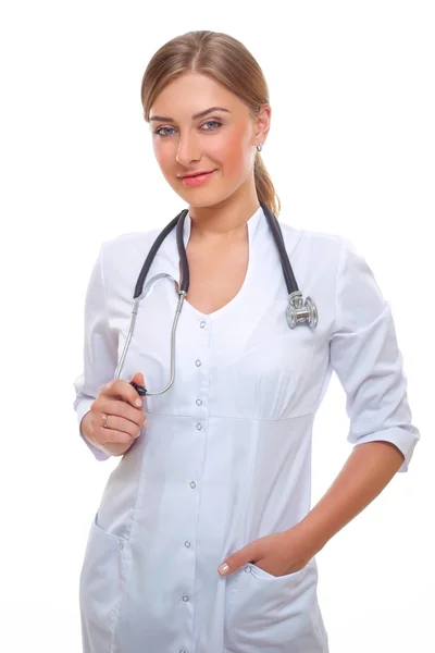 Sonriente médico mujer con estetoscopio. — Foto de Stock