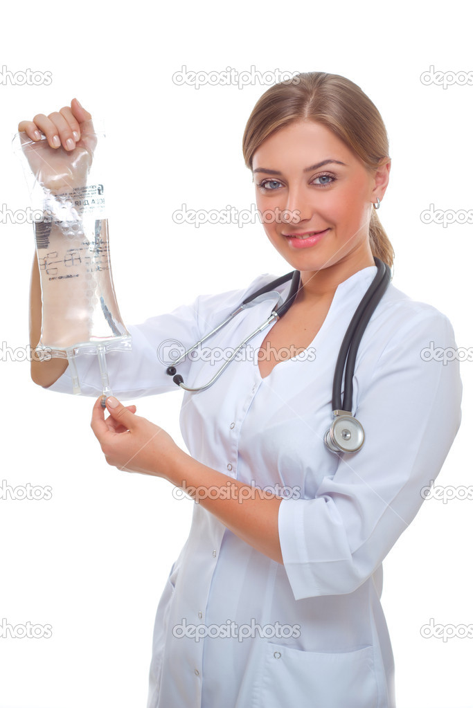 Portrait of cheerful female doctor with solution