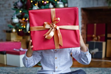 Seçici odaklanma. Noel odasında bir çocuk önünde kocaman kırmızı bir hediye tutuyor, tüm yüzünü kaplıyor..