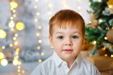 Seçici odaklanma. Küçük bir çocuğun portresi arka plandaki çelenk ışıklarına ve süslü bir Noel ağacına karşı. Metin için boşluk.
