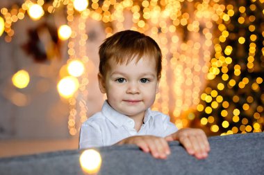 Seçici odaklanma. Küçük bir çocuğun portresi arka plandaki çelenk ışıklarına ve süslü bir Noel ağacına karşı. Metin için boşluk.