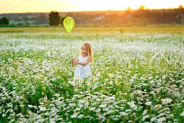 Ein Kleines Mädchen Einem Weißen Kleid Läuft Durch Ein Feld — Stockfoto
