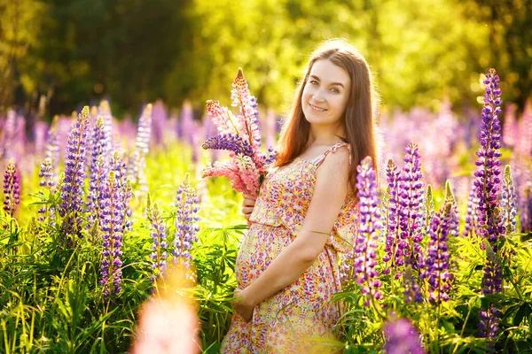 Beautiful Pregnant Girl Bouquet Her Hands Stands Field Lupine Spring — Stock Photo, Image