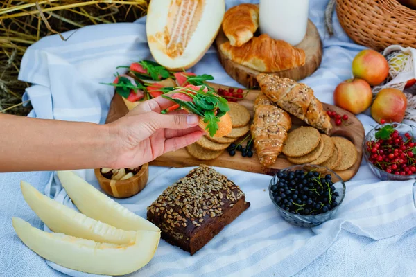 Selektiver Fokus Das Mädchen Nimmt Ein Sandwich Sommerpicknick Mit Bruschettas — Stockfoto