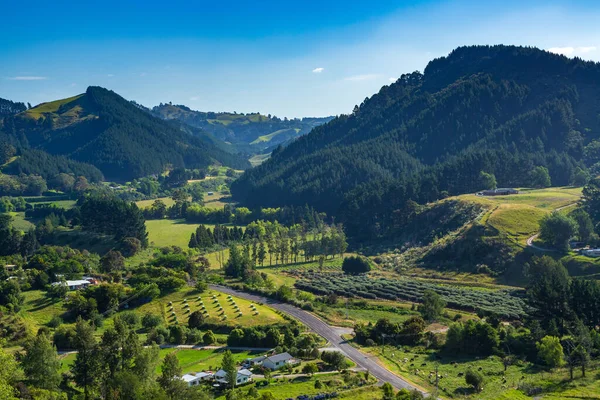 Vale Rural Com Terras Agrícolas Entre Colinas Arborizadas Fotografado Waitao — Fotografia de Stock