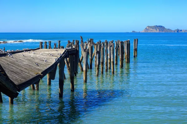 Viejo Muelle Madera Colapsado Océano Fotografiado Tokomaru Bay Nueva Zelanda —  Fotos de Stock