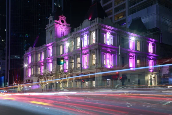 Car Light Trails Passing Colorfully Illuminated Old Customhouse Historic 1880S — Stock Photo, Image