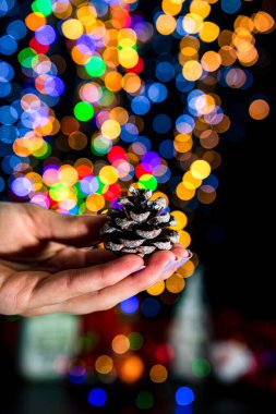 Arka planda bulanık ışıklarla izole edilmiş Noel çam kozalağı süslemeleri. Aralık sezonu, Noel kompozisyonu.