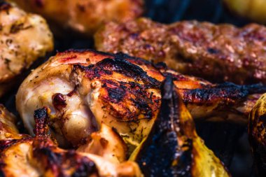 Biftek ızgara tavuk ve mangalda rulo köfte. Kamp manzarası, lezzetli barbekü, yemek konsepti, ızgaradaki yemek ve ızgaradaki yemeğin ayrıntıları.