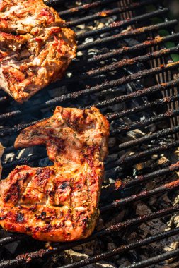 Köy arka planında leziz domuz bifteği ayrıntıları