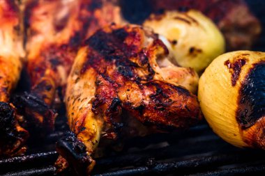 Biftek ızgara tavuk ve mangalda rulo köfte. Kamp manzarası, lezzetli barbekü, yemek konsepti, ızgaradaki yemek ve ızgaradaki yemeğin ayrıntıları.