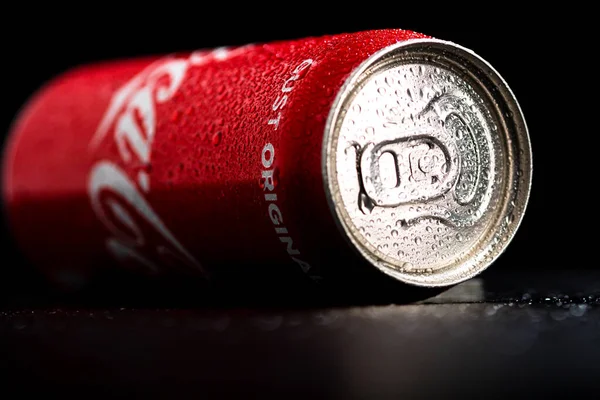Water Droplets Classic Coca Cola Can Black Background Studio Shot — Stock Photo, Image