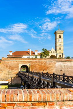 Romanya 'nın Alba Iulia kentindeki güneşli bir günde katolik katedralin manzarası, 2021