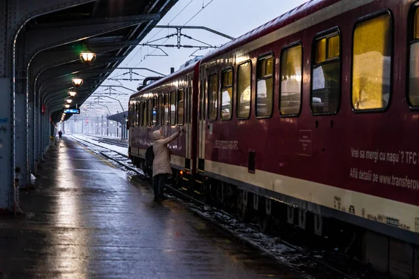 Dettaglio Inverno Vista Treno Treno Sulla Piattaforma Della Stazione Ferroviaria — Foto Stock