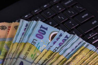 Lei klavyeye para basar. LEI Romanya 'nın para yığınına seçici odaklanma.