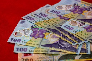 Seçici olarak bir yığın LEI Romen parasına odaklan. İzole edilmiş banknotlar..