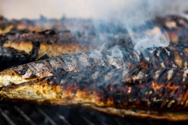 Kömür ızgarasında ızgara balık. Taze balık barbeküsü.