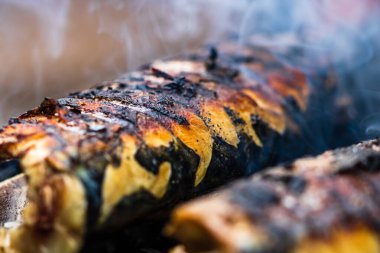 Kömür ızgarasında ızgara balık. Taze balık barbeküsü.