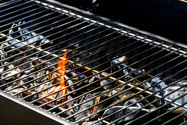 Barbecue Pit Con Ardente Fiammeggiante Fuoco Caldo Aperto Con Fiamma — Foto Stock
