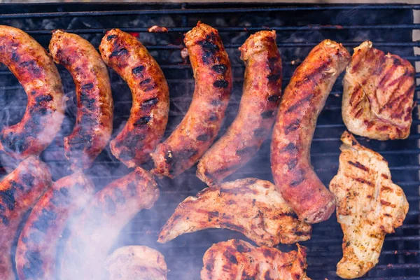 Grilling Sausages Pork Chops Barbecue Grill Bbq Garden — Stock Photo, Image