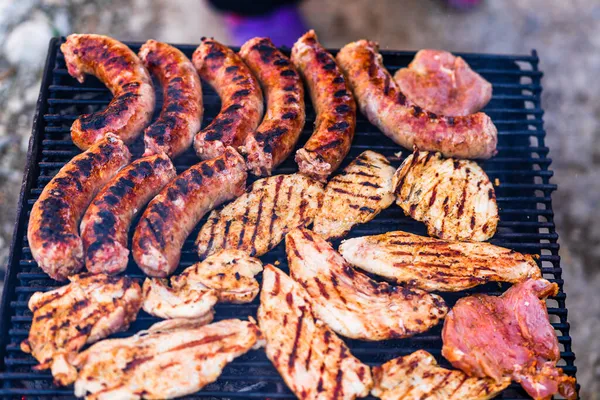 Grillworstjes Varkenskoteletjes Barbecue Grill Bbq Tuin — Stockfoto