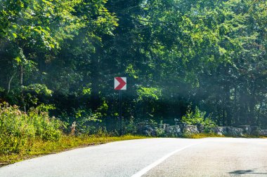 Güneşli bir günde ağaçların arasındaki dağ yolunun arabasının ön camından bak..
