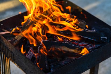 Kömür oluşturmak için odun parçaları yakmak. Barbekü hazırlığı, pişirmeden önce ateş..
