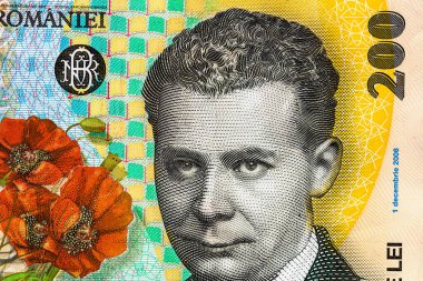 Ley banknotlarının detaylarına özen göster. Romanya lei banknotlarının makro detaylarını kapat, 200 lei izole edilmiş. Dünya para kavramı, enflasyon ve ekonomi kavramı