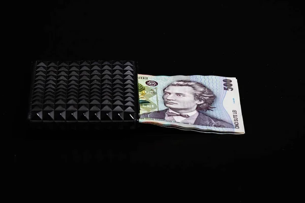 Lei Rumuńskie Banknoty Pieniężne Czarnym Portfelu Izolowane — Zdjęcie stockowe
