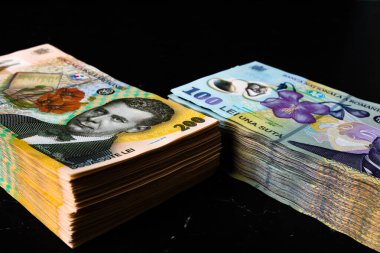 Bir yığın LEI Romanya parası. RON Leu Para Avrupa Para Birimi