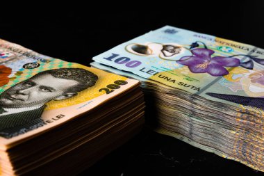 Bir yığın LEI Romanya parası. RON Leu Para Avrupa Para Birimi