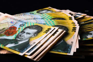 Bir yığın LEI Romanya parası. RON Leu Para Avrupa Para Birimi