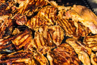 Kömür mangalında ızgara tavuk ve domuz eti. Kamp manzarası, lezzetli barbekü, yemek konsepti, ızgaradaki yemek ve ızgaradaki yemeğin ayrıntıları.