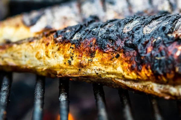在炭烤架上烤鱼 新鲜鱼肉烧烤 — 图库照片