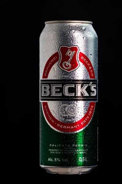 Condensation Water Droplets Beck Beer Can Isolated Black Bucharest Romania — Stock Photo, Image