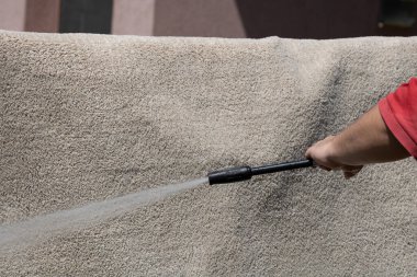 Yüksek basınçlı yıkamalı halılar. Yüksek basınçlı suyu yıkamak için halıyı silahla temizlemek.