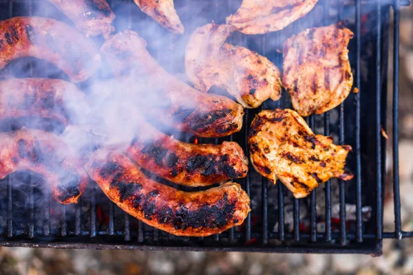 Grilling Sausages Pork Chops Barbecue Grill Bbq Garden — Stock Photo, Image