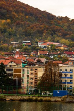 Tuna nehri ve Orsova şehir bitki örtüsü ve binaları, deniz manzarası. Orsova, Romanya, 2021