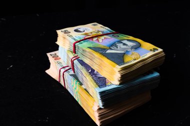 Bir yığın LEI Romanya parası. RON Leu Para Avrupa Para Birimi