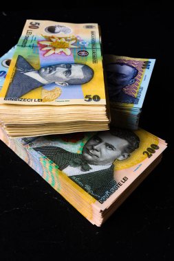 Bir yığın LEI Romanya parası. RON Leu Para Avrupa Para Birimi