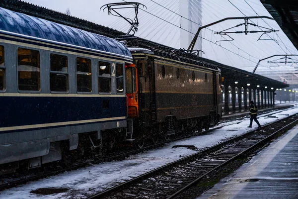 Vinter Detalj Tågvy Tåg Plattformen För Bukarests Norra Järnvägsstation Gara — Stockfoto