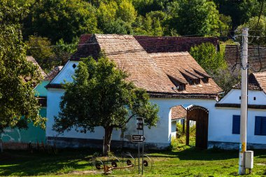 Romanya 'daki Viscri köyünün manzarası. Romanya 'nın Viscri kentindeki ortaçağ Sakson köyündeki geleneksel evleri boyamış.