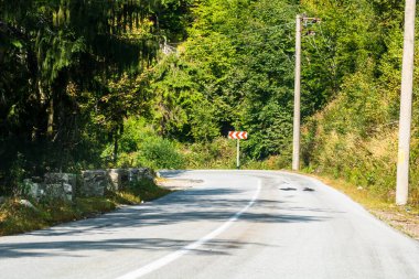 Güneşli bir günde ağaçların arasındaki dağ yolunun arabasının ön camından bak..
