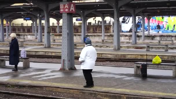 2022年在罗马尼亚布加勒斯特布加勒斯特北站 Gara Nord Bucharest 火车站站台等待火车的旅客和通勤者 — 图库视频影像