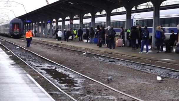 ブカレスト北駅 Gara Nordブカレスト の列車ホームで列車を待っている旅行者や通勤者 ルーマニア 2022 — ストック動画